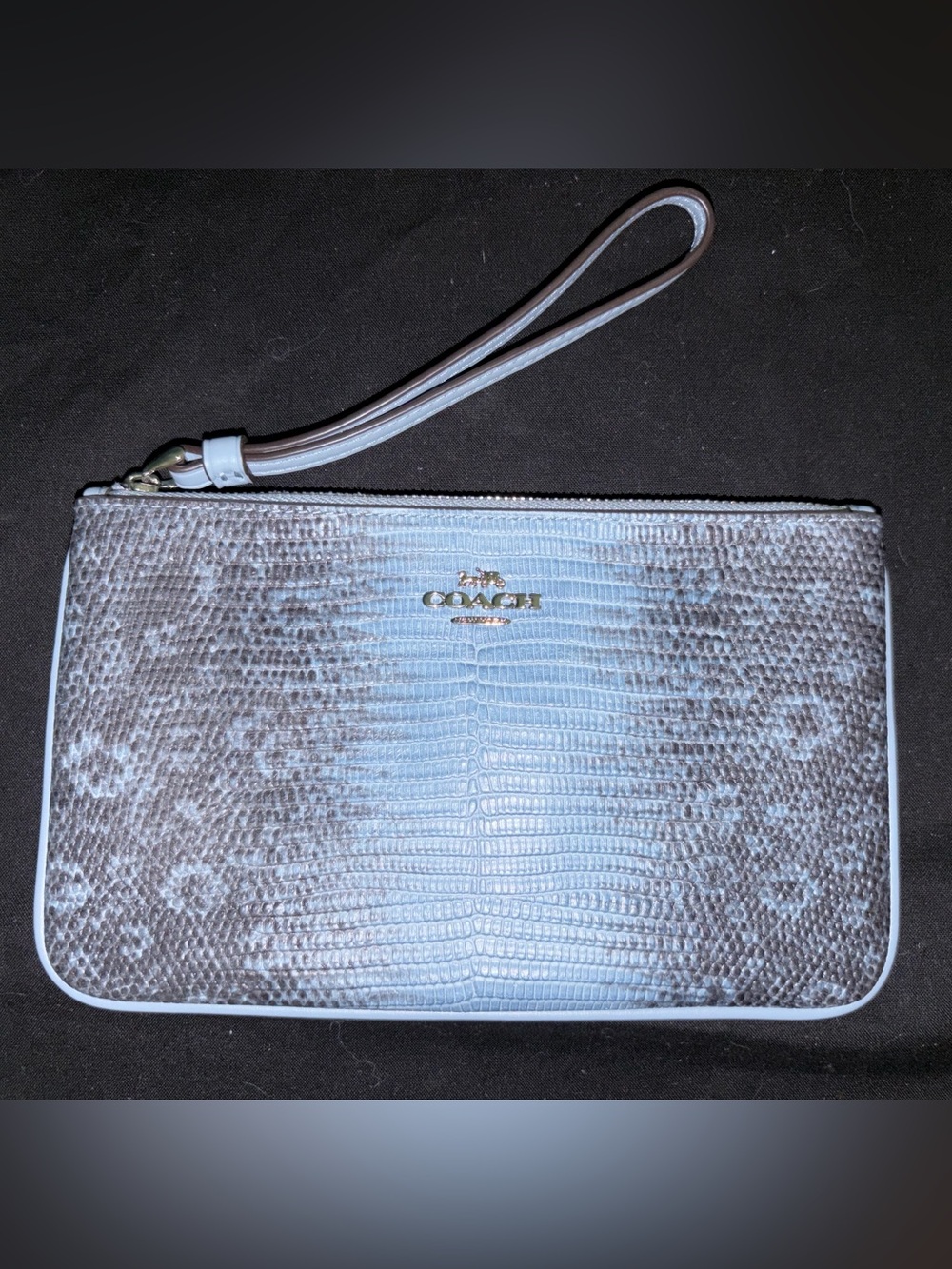 Coach Light Blue and Taupe Lizard-Embossed Wristlet